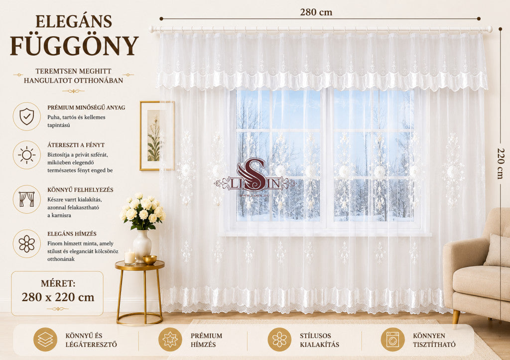 Elegáns hímzett függöny 280 x 220 cm - 280x220 cm