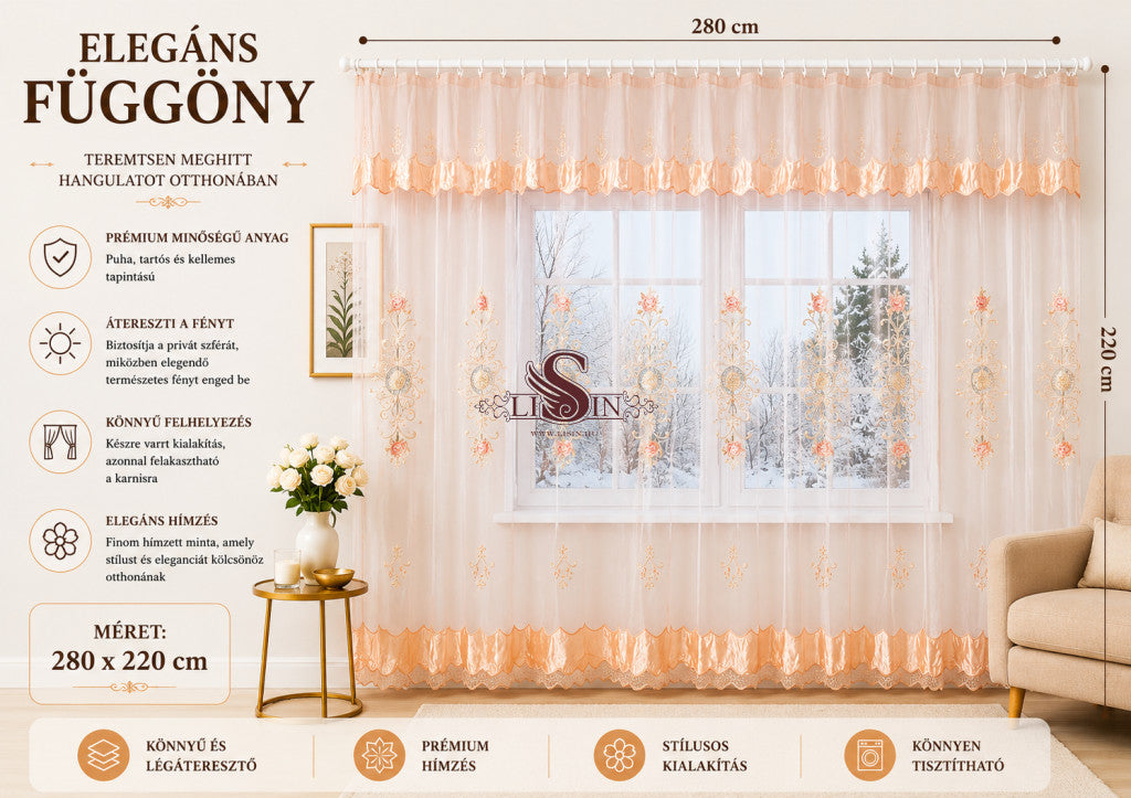 Elegáns hímzett függöny 280 x 220 cm - 280x220 cm