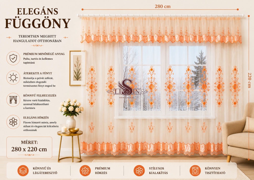 Elegáns hímzett függöny 280 x 220 cm - 280x220 cm