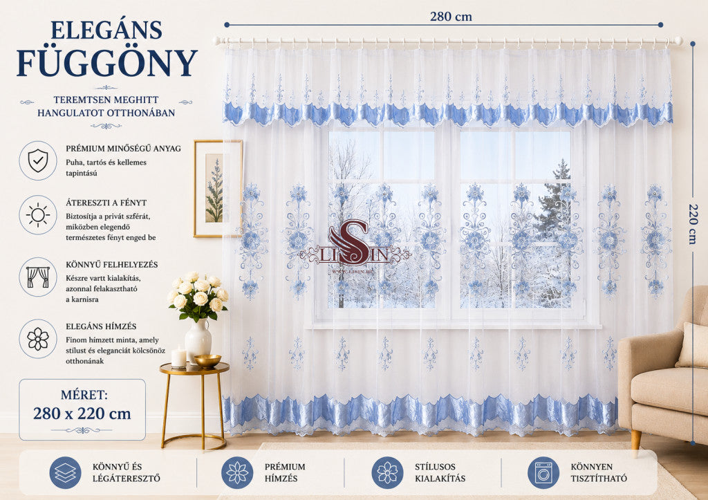 Elegáns hímzett függöny 280 x 220 cm - 280x220 cm