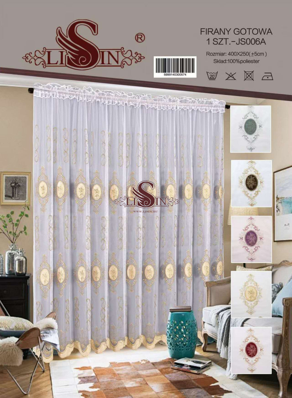 Fehér kész függöny 400x250 cm arany hímzett mintával