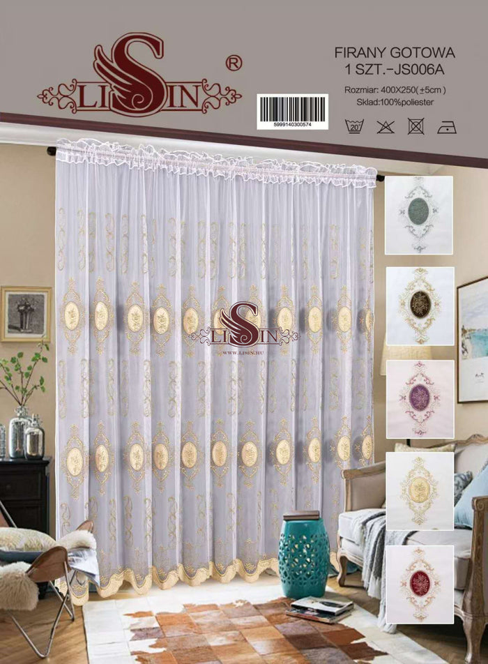 Fehér kész függöny 400x250 cm arany hímzett mintával
